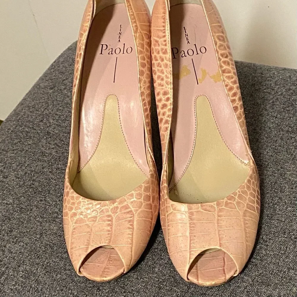 Linea Paolo Italy Nude Peep Toe Alligator Leather Heel 8.5